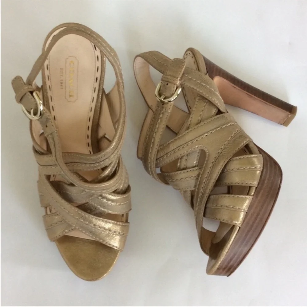 Coach Metallic Brynne Gold Strappy Heels - Picture 1 of 5